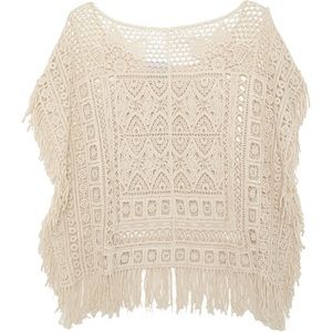 Beige Crochet Lace Embroidered Coverup Blouse Batwing Sleeve Loose Fit